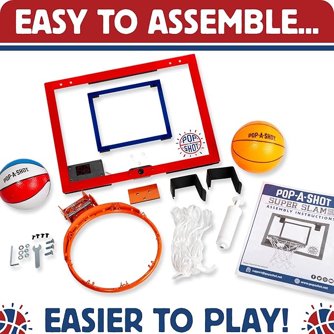 Pop-A-Shot Super Slam Over The Door Mini Basketball Hoop for Adults | 2 Included Basketballs and Pump | Built for Dunks | Breakaway Rim | Shatter Resistant Backboard | 17x12.5 Inches