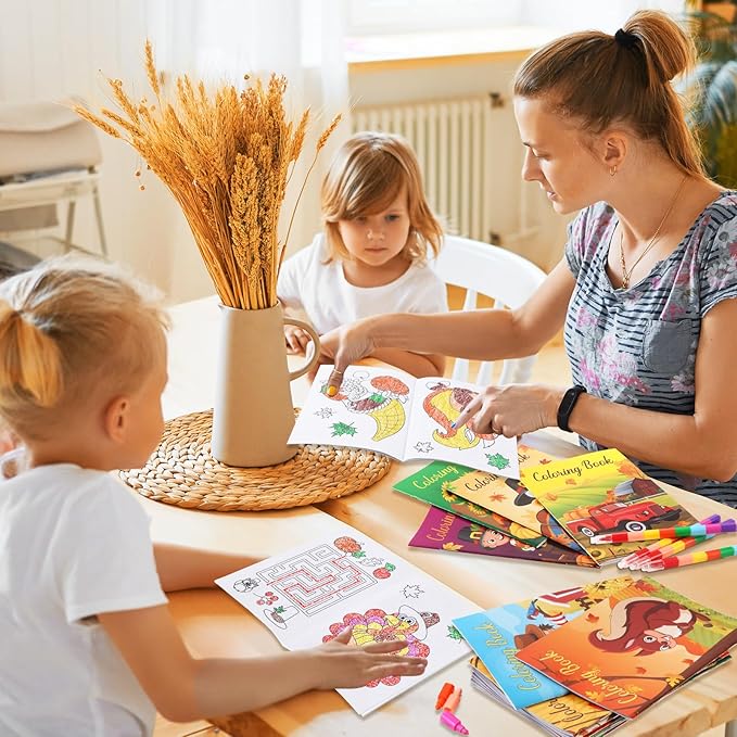 BenLouis 12 Fall Mini Coloring Books Kids with 12 Stacking Crayons Thanksgiving Theme Party Favors Small Activity Books Bulk for Kids Autumn Pumpkin Harvest Party Gift Goodie Bag Stuffers