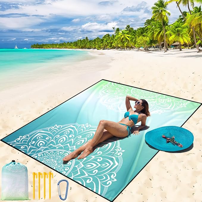 Beach Blanket Waterproof Sandproof Beach Mat 79" X 83"/10'x9'for 2-8 Adults Quick Drying Outdoor Picnic Mat Beach Accessories for Travel, Camping, Hiking