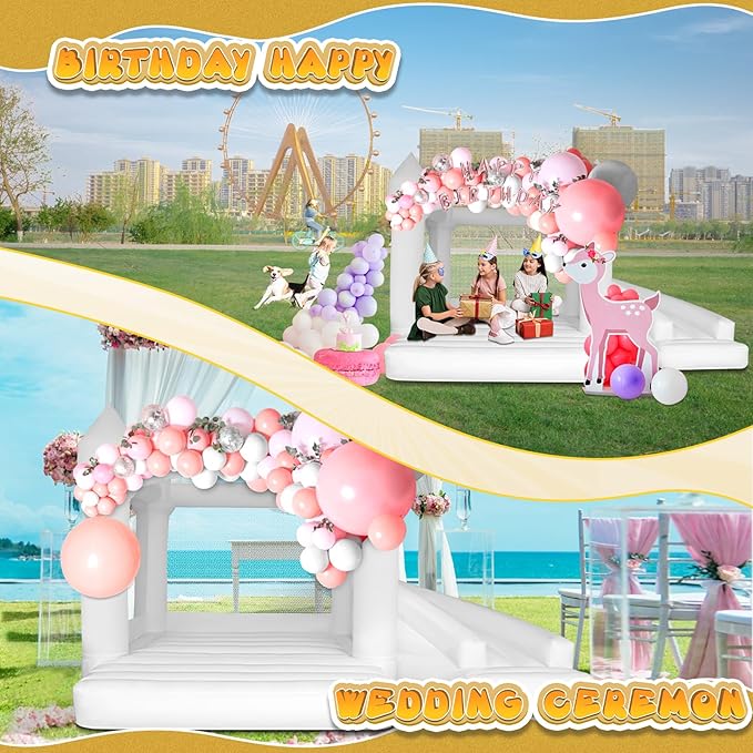 AKSPORT White Bounce House Inflatable Jumping Castle with Slide & Air Blower for Kids, Wedding & Birthday Parties, 17 * 11 * 10FT