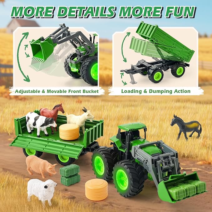 Remote Control Tractor Toy, Kids RC Tractor Set with Truck & Trailer and Light/Loading/8 Wheel, 2.4 Ghz RC Farm Vehicle Toys, Animal Farm Kids Toy for 3 4 5 6 7 8 9 Year Old Boys Girls Birthday Gift