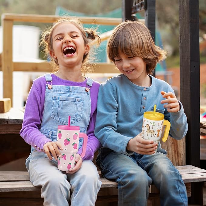 Strawberry Tumbler 20oz with Handle and Silicone Straw Lid for Kid, Insulated Stainless Steel Cup, Gift for Kids Girls, Gifts Idea for Birthday Christmas Back to School