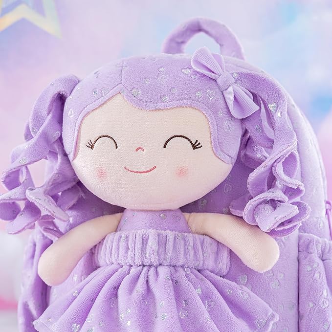 Gloveleya 11 Inches Toddler Backpack Baby Girl Gift Plush Bag Featuring Curly-Haired Doll Design with Silver Heart Accents in Soft Purple