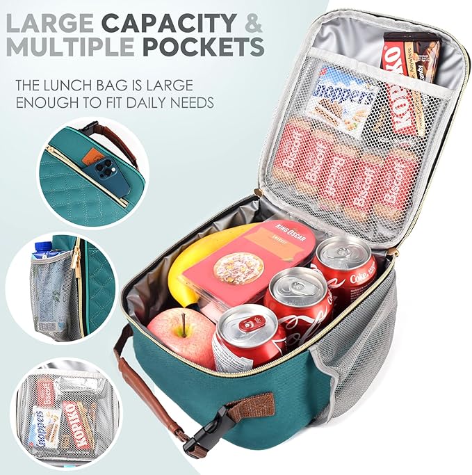 Lunch Box for Women Men Kids Girls Teen Adults,Insulated Lunch Bag with Bottle Holder,Small Lunch Box Cooler Lightweight Reusable LunchBox for Work Office School Travel Picnic-Lake Green