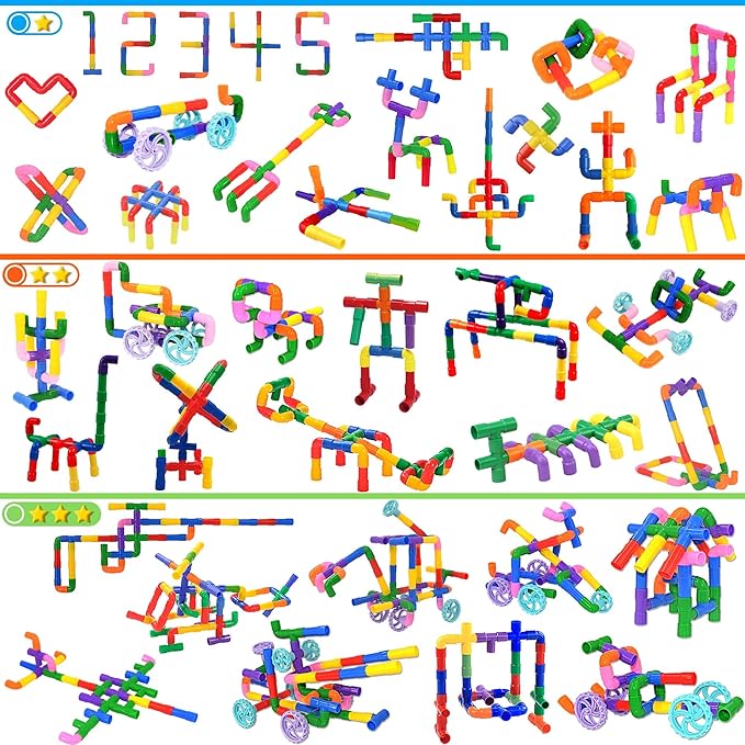 FUBAODA STEM Learning Pipe Tube Toys, Tube Locks Construction Building Blocks 96 Pcs - Multicolor Educational Building Blocks Set with Wheels& Spouts & Joints for Kids Ages 3+