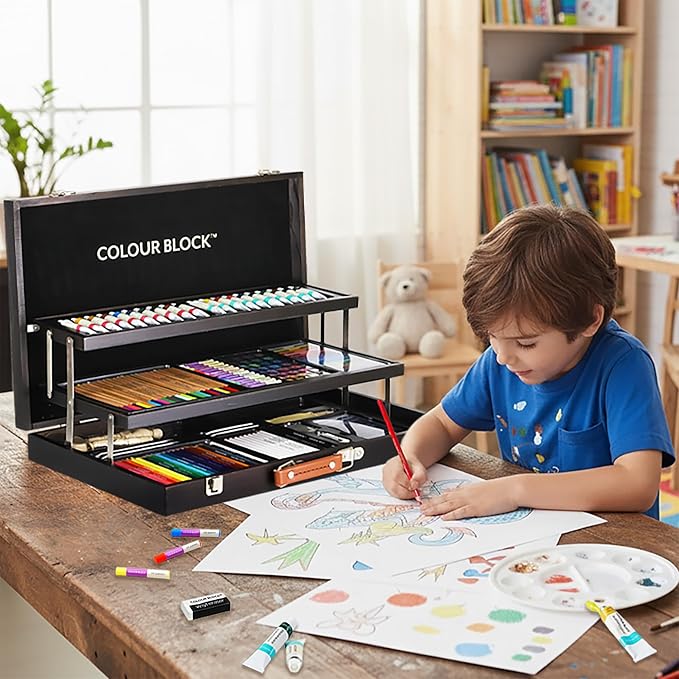 COLOUR BLOCK 181 pc Mixed Media Art Set in Exquisite Wooden Case - Acrylic & Water color Paints, Sketching, Colored Pencils, Soft & Oil Pastels