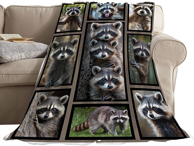 Raccoon Blanket Fleece Soft Warm Plush Raccoon Throw Blanket Lightweight Plush Fuzzy Cozy Wild Animal Blankets for Lover Kids Adult Suitable for Couch Sofa Bed 80"X60"