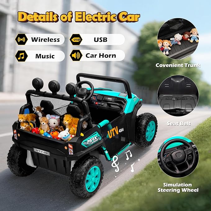 2 Seater 24V Ride On Toys for Big Kids, Electric UTV Car with Remote Control, 4-Wheeler Suspension, Soft Start, Bluetooth, MP3, Lights, Ride on Truck Kids 3 Years+, Green
