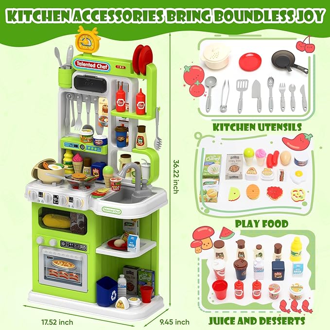 Kids Kitchen Playset, 36.22'' Play Kitchen for Toddlers 1-3 with Steam, Sound & Light, Cooking Stove, Play Sink, Oven and Toy Kitchen Accessories, Kitchen Set for Boys Girls 3 4 5 (Green)