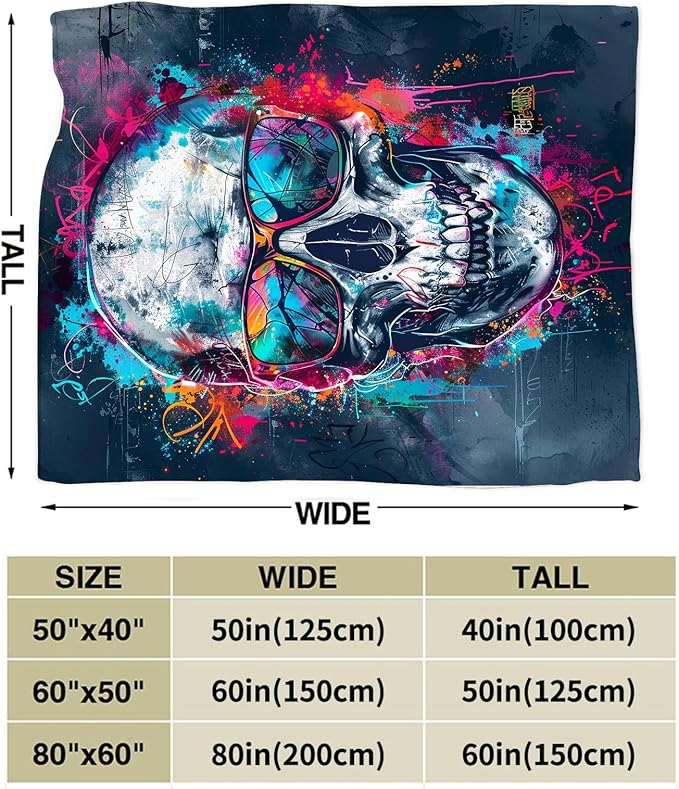Skull Blanket Fleece Soft Warm Plush Cool Skull Throw Blanket Lightweight Plush Fuzzy Cozy Graffiti Skeleton Blankets for Kids Adult Suitable for Couch Sofa Bed 80"X60"