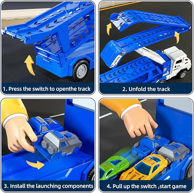 Transport Truck Toys for 3 4 5 6 7 Years Old Boys,Toys Cars Track Set Transporter Trucks with 12 Die-Cast Car Toys 2 Race catapults Dual-Track Model,Toddler Car Toy Set for Kids Boys Girls