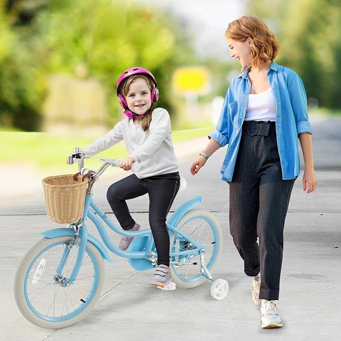 COSTWAY Kids Bike, 14 16 18 Inch Toddler Bike with Training Wheels, Basket, Adjustable Seat & Handlebar, Hand & Coaster Brakes, Bell, for Girl Boy Aged 3-8 Years Old