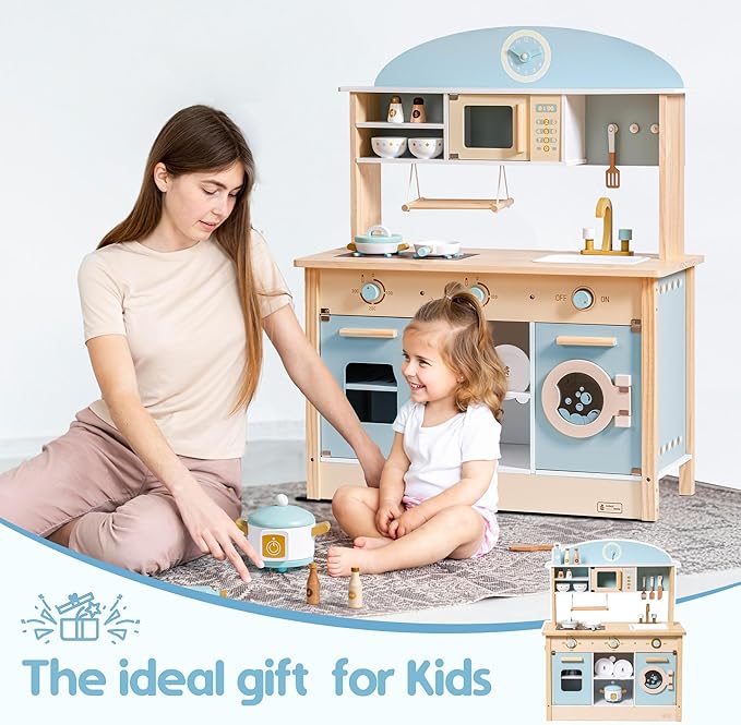 ROBUD Wooden Play Kitchen Set for Kids Toddlers, Toy Kitchen Gift for Boys Girls, Age 3+