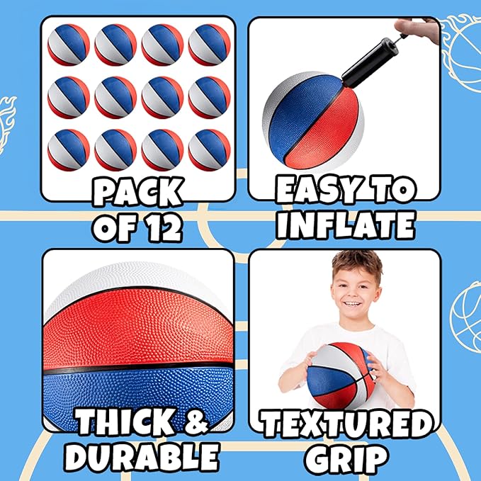 Bedwina Mini Rubber Basketball Balls for Kids - (Pack of 12) 7 Inch, Size 3 - Pool Basketball Hoop Set, Outdoor & Indoor Small Hoops Carnivals, Game Prizes