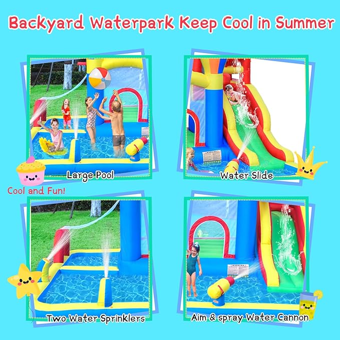 Baralir Inflatable Bounce House with Water Slide – Backyard Inflatable Water Park with 4 Sprinklers, 2 Splash Pools, Fits 5 Kids, Perfect for Summer Fun & Cooling Down