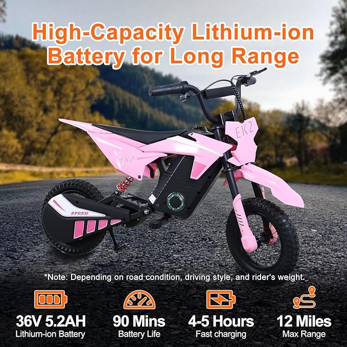 EK2 Kids Electric Dirt Bike, 350W Motor, 15 MPH Max Speed, 36V 5.2Ah Lithium Battery 12 Miles Max Range, Electric Motorcycle for Kids Aged 5-10, Pink