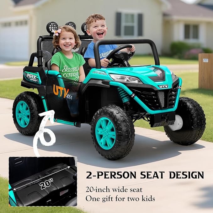 24V 2 Seater Ride on UTV Car, 4WD Ride on Toys for Kids with Remote Control, Shock Absorbers, LED Lights, Music, Off-Road Electric Car for Kids Boys Girls (Green)
