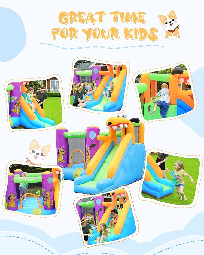Doctor Dolphin Bounce House Slide with Blower Bounce House for Kids 5-12 Bounce House for Kids, Jumping Bouncy Castle with Puppy Slide Outdoor, Inflatable Bouncer with Blower