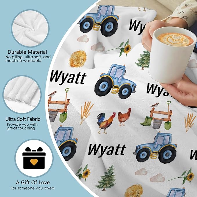 Custom Farm Tractor Blanket with Name Personalized Farm Tractor Blankets for Girls Boys Women Men Customized Blanket Gifts for Birthday 60"x80"for Adults