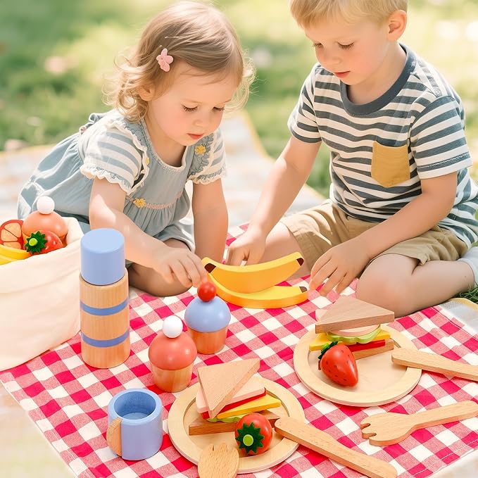 PairPear Wooden Play Food Set for Kids Kitchen, 32 Pcs Pretend Play Toys Picnic Playset with Shopping Bag, Toddler Cutting Food Toys Play Kitchen Accessories Gift for Girls Boys Age 3+
