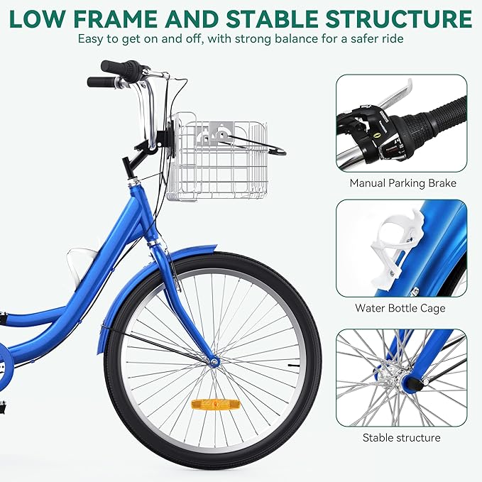 YITAHOME 24 & 26 Inch Adult Tricycle, 1 & 7 Speed 3 Wheel Bikes, Large Seat with Backrest Trike for Adults with Front & Rear Baskets, Cruiser Bike for Seniors Women Men Commute Picnic Outdoor