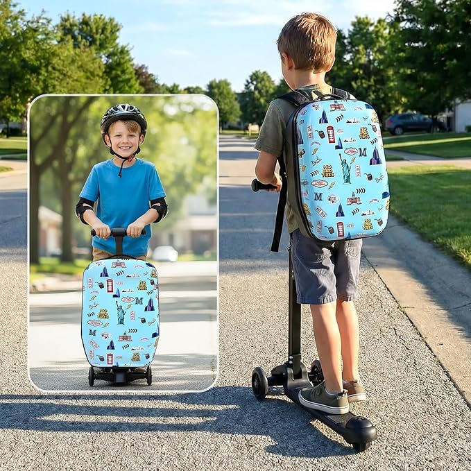 smilesun 4-in-1 Detachable Scooter Luggage for Kids & Teens, Foldable Hardside Ride On Suitcase with Wheels, Stylish and Safe Design(Blue)