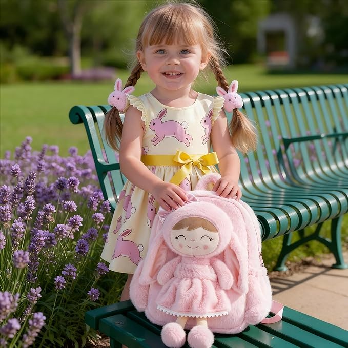 Gloveleya Toddler Backpack Plush Bag with Soft Pink Rabbit Doll Detachable Design 11inches Gift for Baby Girl 2+...