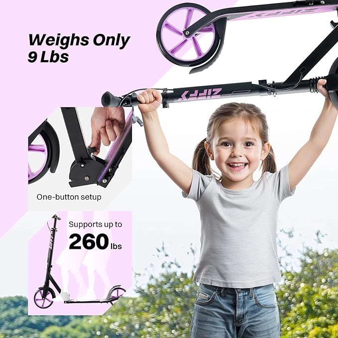 ZIFFY Scooter for Kids with Hand Brake, Foldable Kick Scooter for Ages 6-12, Lightweight Scooter for Boys with 4 Adjustable Heights, ABEC9 Bearings, Supports Up to 260 lbs by Jova