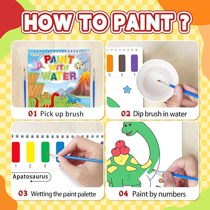 Paint with Water Coloring Books for Toddlers, Watercolor Painting Books for Kids Water Color Paint Kit Art Craft Birthday Gift for Ages 1-3, 4-8 (Dinosaurs)