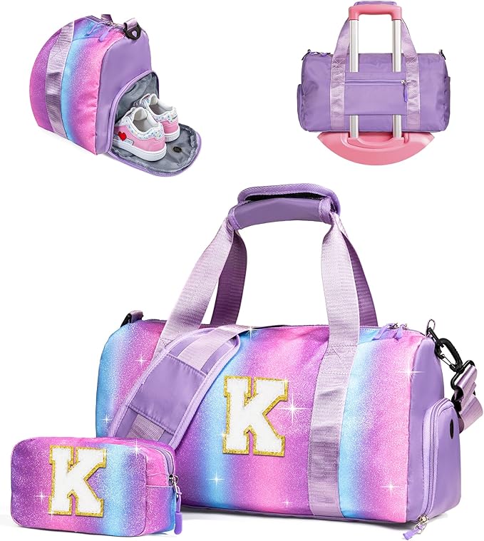 Girls Cheer Up Gifts-Girl Gym Bag with Shoe Compartment, Kid Personalized Weekender Ballet Bags, Initial Travel Tote with Makeup Pouch, Dance Gift for Niece Kids Daughter (Letter K)