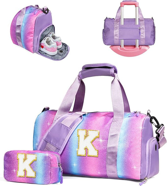 Girls Cheer Up Gifts-Girl Gym Bag with Shoe Compartment, Kid Personalized Weekender Ballet Bags, Initial Travel Tote with Makeup Pouch, Dance Gift for Niece Kids Daughter (Letter K)