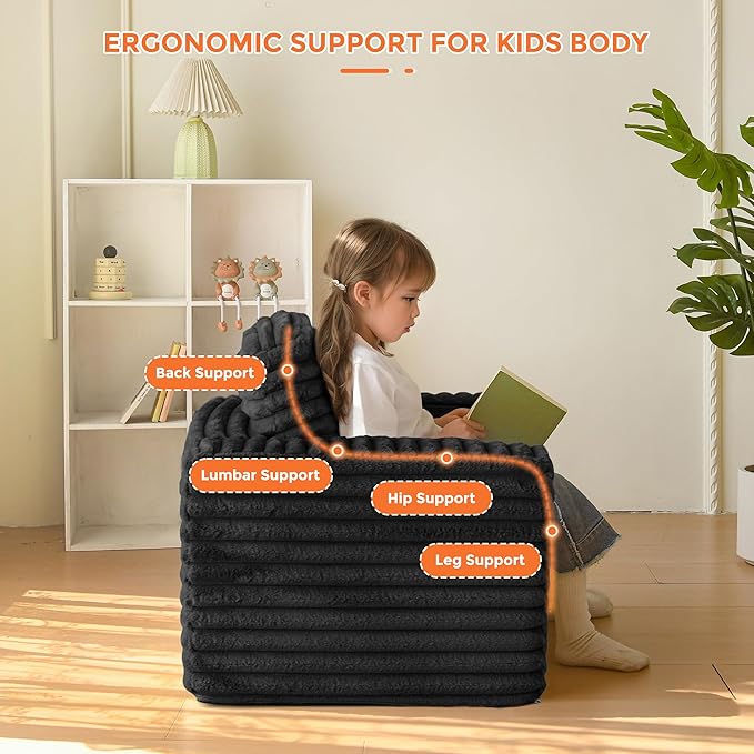 MAXYOYO Kids Bean Bag Chair, Comfy Faux Fur Bean Bag Sofa with Filler, Upholstered Floor Sofa with Pillows and Armrests, Lazy Floor Chair Couch for Boys and Girls, Black