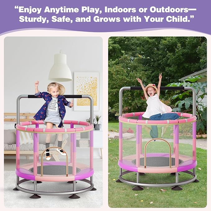 60" Trampoline for Kids, Anti-Rollover Round Bottom Baby Toddler Trampoline with Basketball Hoop, Indoor/Outdoor Kid MiniTrampoline with Enclosure Net, Children's Gift for Halloween, Christmas