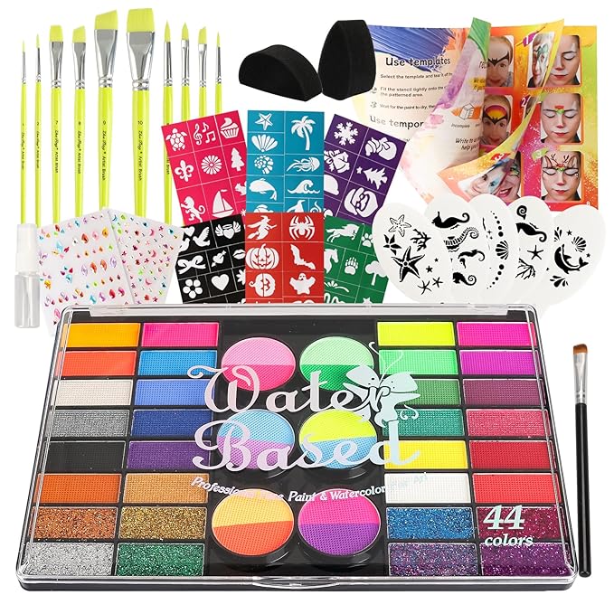 Pintada 44 Color Face Painting Kit for Kids - Non Toxic Water Activated Face Paint Palette with Stencils, Brushes, Gems & Glitter. Halloween, Carnival, Party; Costume Makeup for Creative Activities