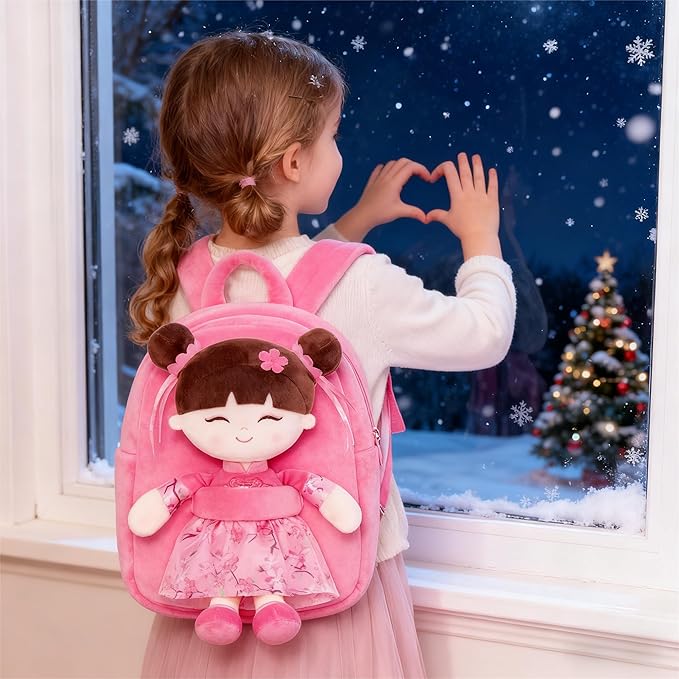 Gloveleya Back to School Gifts for Girls Kids Backpack Toddler Backpack Soft Plush Asian Girl Doll Backpacks Pink 9"
