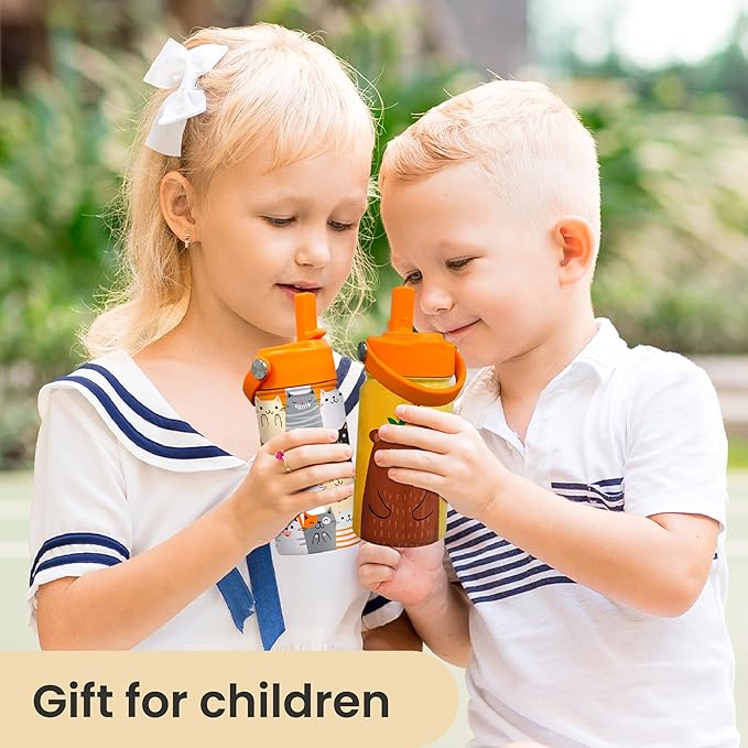 Cat Water Bottle - Kids Water Bottle with Straw Lid - 12 Oz Insulated Stainless Steel Water Bottles for Kid Boys Girl - Travel Cup for School Sports