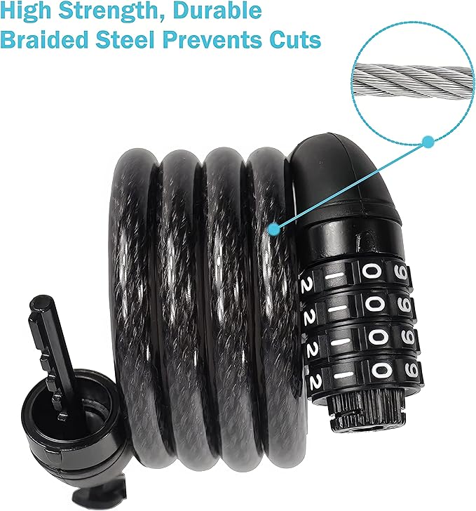 Lumintrail Combination Bike Lock Cable for Bike Accessories - 4ft Bike Locks Heavy Duty Anti Theft with Combinations - Bike Cable Lock Combination with Mounting Bracket (1 Pack, Matte Black)