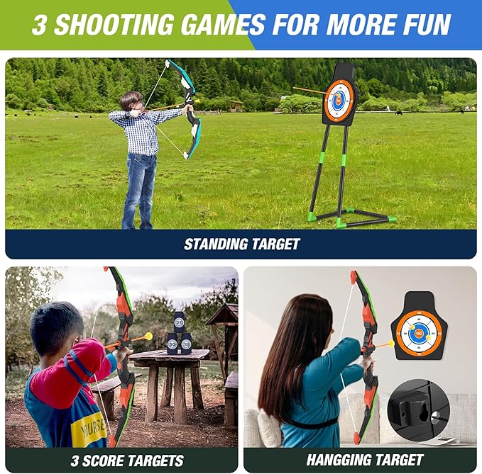2 Pack Bow and Arrow for Kids, LED Light Up Archery Set with 24 Suction Cup Arrows, 1 Standing Target, 6 Score Targets & 2 Quiver, Indoor Outdoor Sport Gifts for Boys Girls Ages 4-8