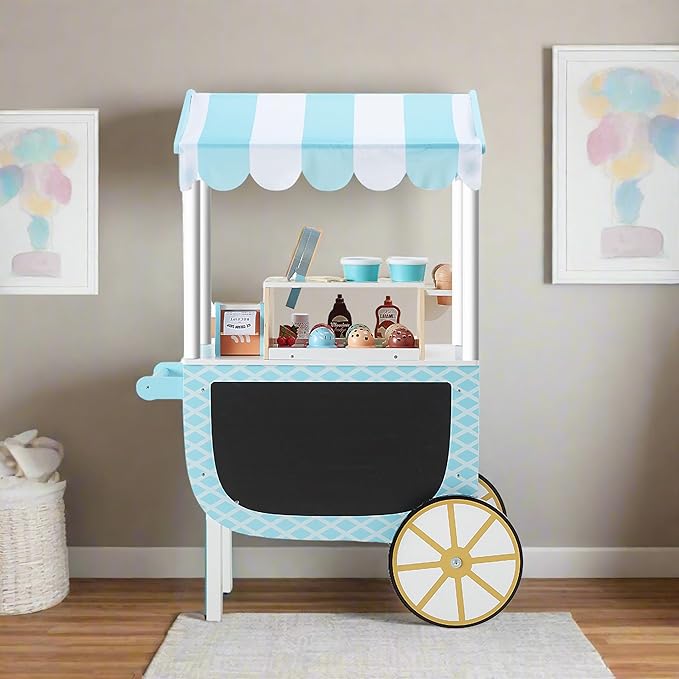 Teamson Kids My Little Helper Ice Cream Cart with Pretend Money, Colorful Magnetic Ice Cream Scoops and Chalkboard Panel, Blue/White