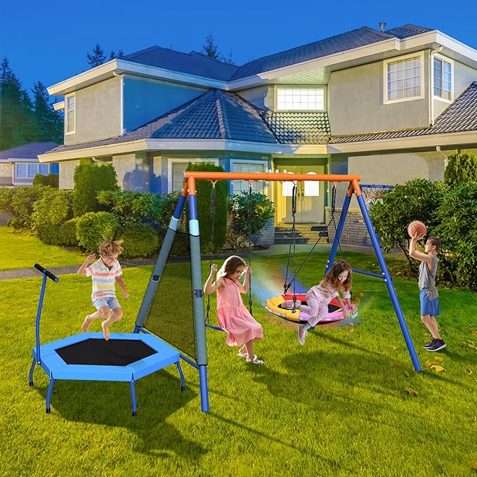 5-in-1 Kids Swing Sets for Backyard with Trampoline, 880lbs Heavy-Duty A-Frame Stand Metal Outdoor with 32 inch Saucer & Belt Swing, 55 inch Trampoline, Basketball Hoop, Led Light & Anchors