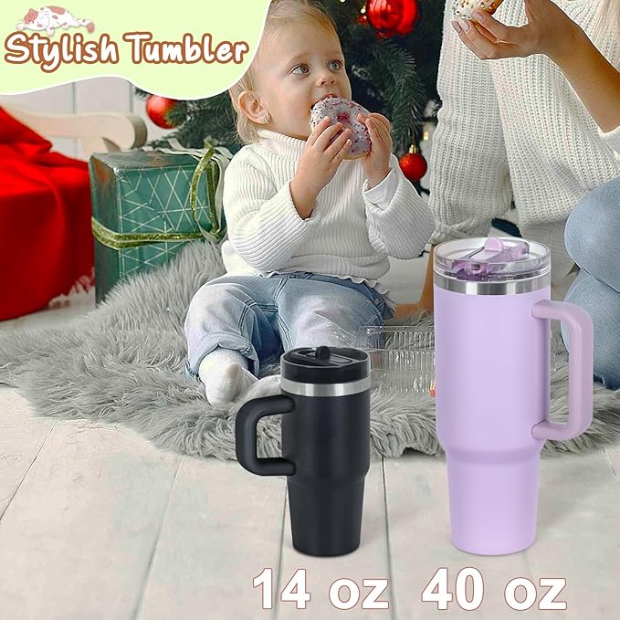 Cosictic 14 Oz Flip Straw Tumbler with Handle for Kids, Stainless Steel Double Wall Insulated Cup for Children with Flip Top Lid, 14 Oz Leak-proof Cups for Kids,Black
