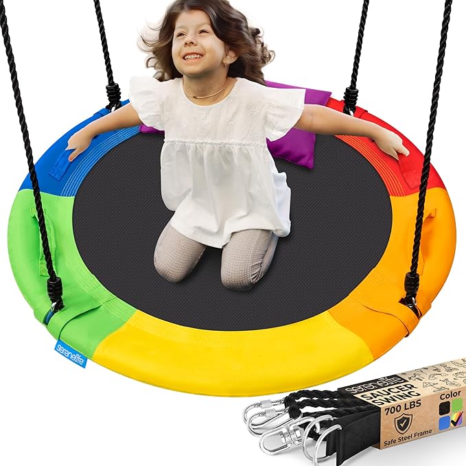 SereneLife 40" Saucer Swing - Outdoor Swing Set with Universal Hanging Kit, Swinging Seat Spinner with Pillow & Carry Bag, Weatherproof, Water-Resistant, Supports Up to 700 lbs, Rainbow