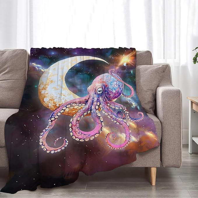 Octopus Blanket Fleece Soft Warm Plush Octopus Moon Galaxy Throw Blanket Lightweight Plush Fuzzy Cozy Funny Animal Blankets for Lover Kids Adult Suitable for Couch Sofa Bed 80"X60"