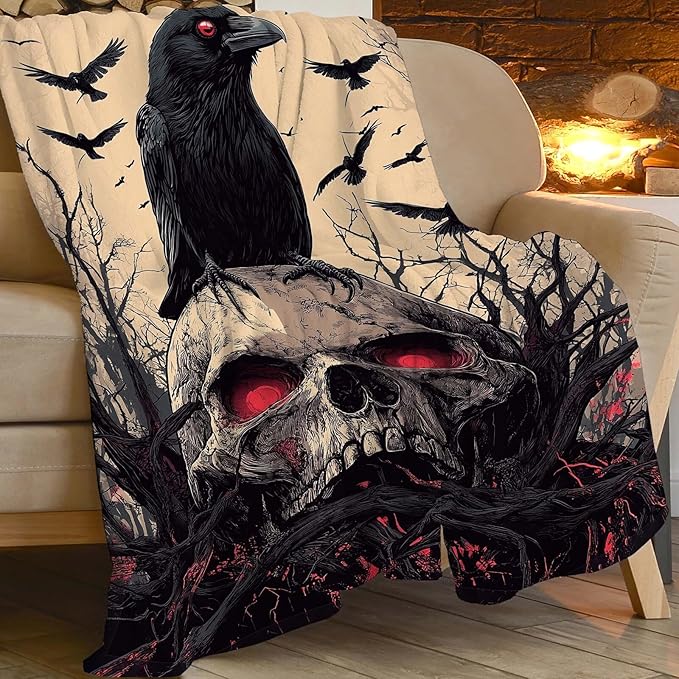 Skull Blanket Skeleton Throw Blanket Crow Gifts for Men Women Boys Girls Kids Adults Super Soft Cozy Plush Fluffy Fuzzy Fleece Blanket Decor 40''X50''