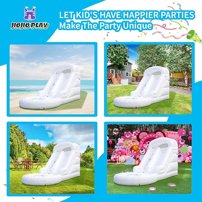 16FT White Inflatable Water Slide 100% Thickened PVC Swimming Pool Tool Heavy-Duty Outdoor Swimming Pool Party Entertainment Equipment with Slide and Reservoir (Equipped with Air Pump and Water Pipe)