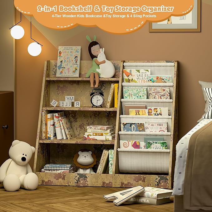 4 Tier Kids Bookshelf Wooden, Five Layer Sling Children Bookcase, Baby Toddler Storage Book Rack, Book and Toy Organizer Cabinet Chest, Book Display Shelf Stand, Playroom Nursery Classroom Library