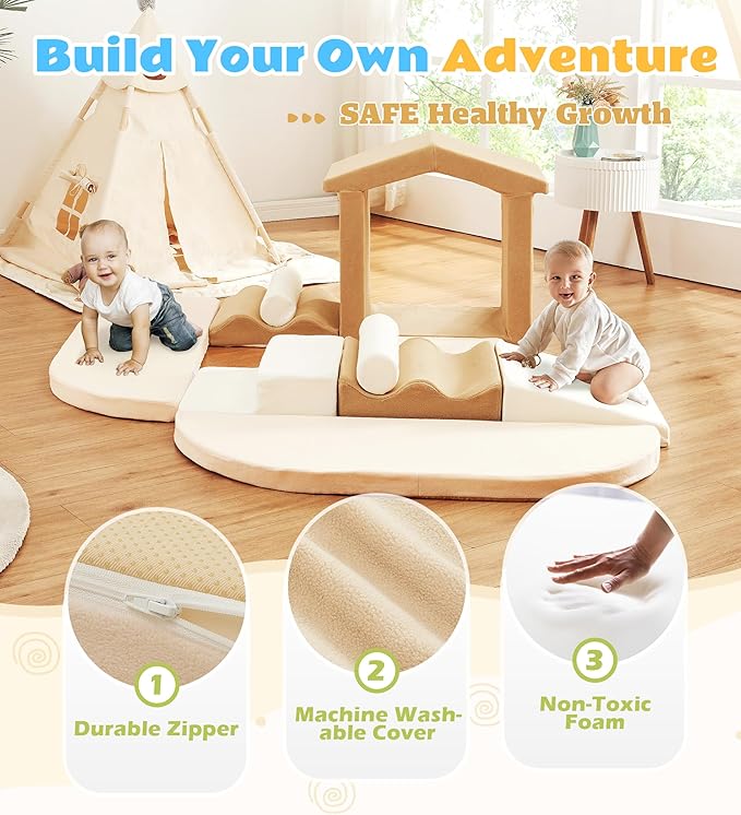 10-Piece Foam Climbing Blocks with Ramp & Stairs for Toddlers,Soft Play Gym Set,Foam Toddler Climbing Toys for Indoor Crawling,Sliding & Creative Play-Classic Color