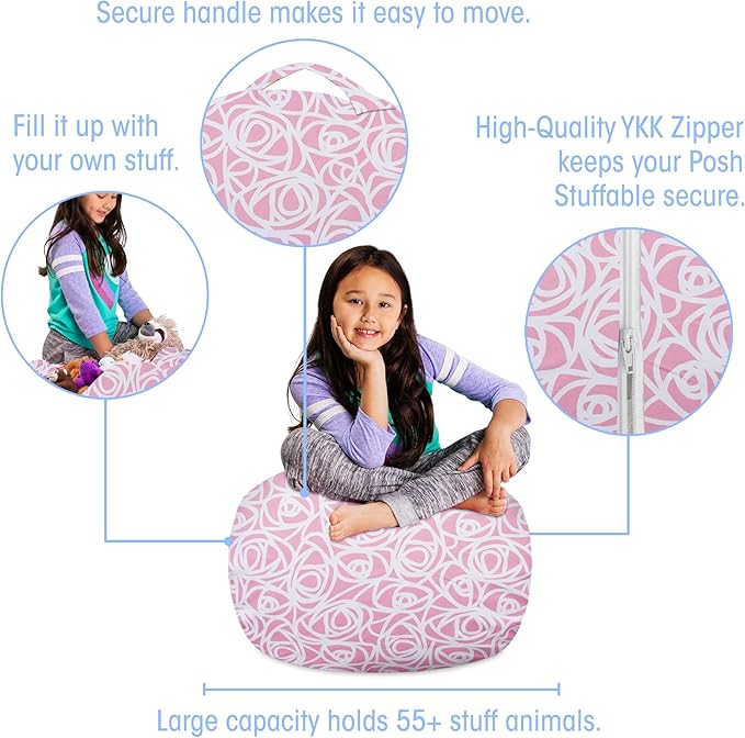 Posh Creations Kids Stuffed Animal Storage Bean Bag Chair Cover - Childrens Toy Organizer, Medium-27in, Canvas Roses Pink