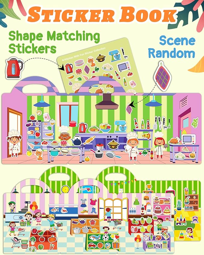 Benresive Reusable Sticker Book for Toddlers 2-4 Years, 3 Sets Travel Stickers for Kids, Waterproof Sticker Books for Toddlers 1-3, Crafts Activities for Todddlers 1-3 2-4 3-5