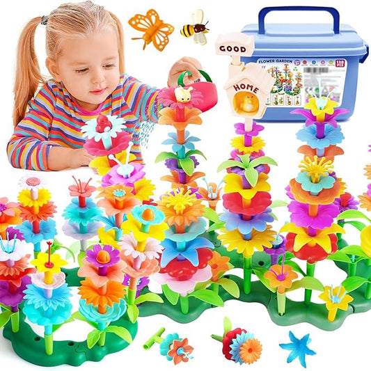 FUNZBO 138pcs Flower Garden Building Set - Christmas Spring Toys for 3 4 5 6 7 Years Old Girl, Sorting & Stacking Building Block, STEM Montessori Educational Toy for Kid Toddler Birthday Gift